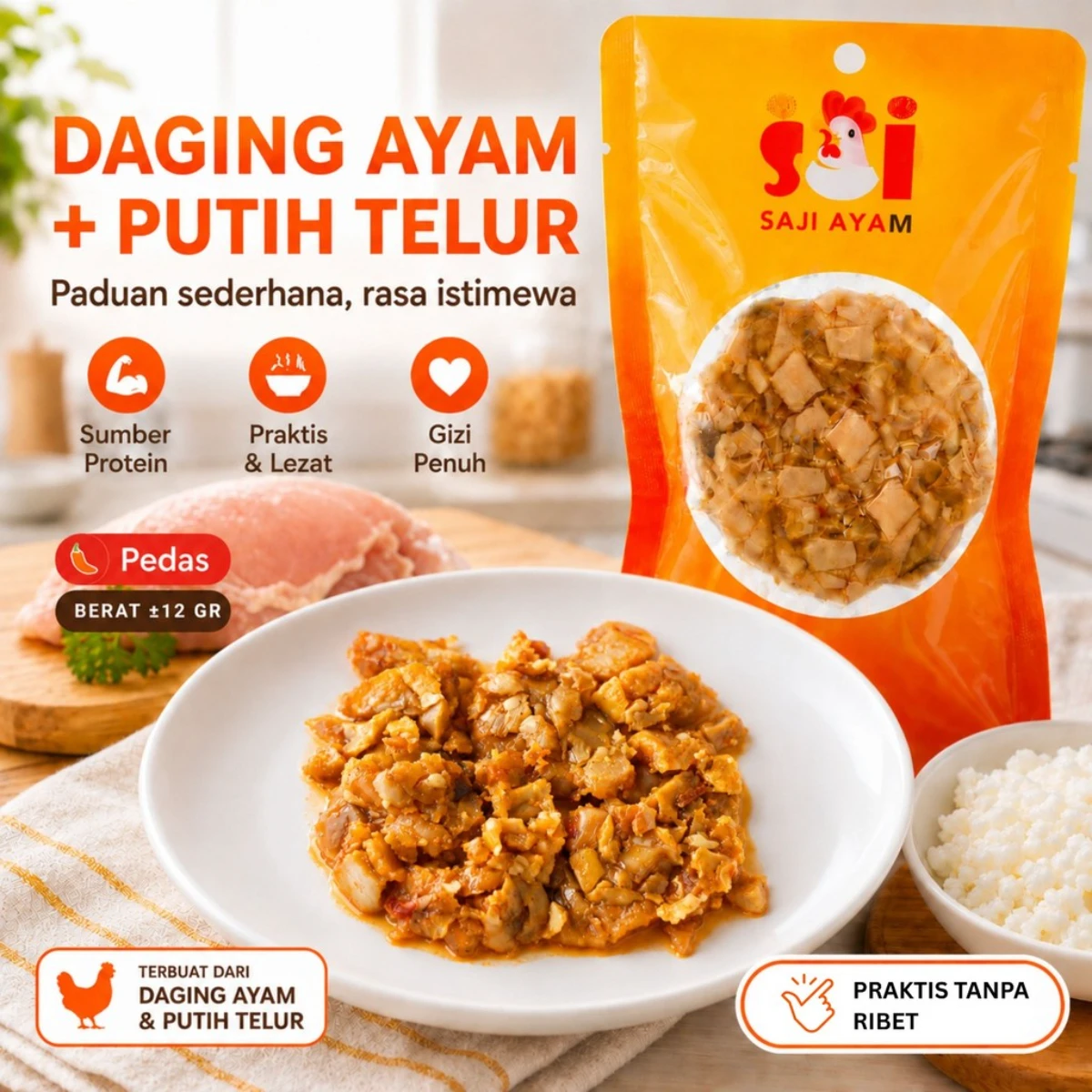 SAJI AYAM daging ayam boneless+putih telur ±12g(pcs) / Snack siap saji / Enak & Bergizi